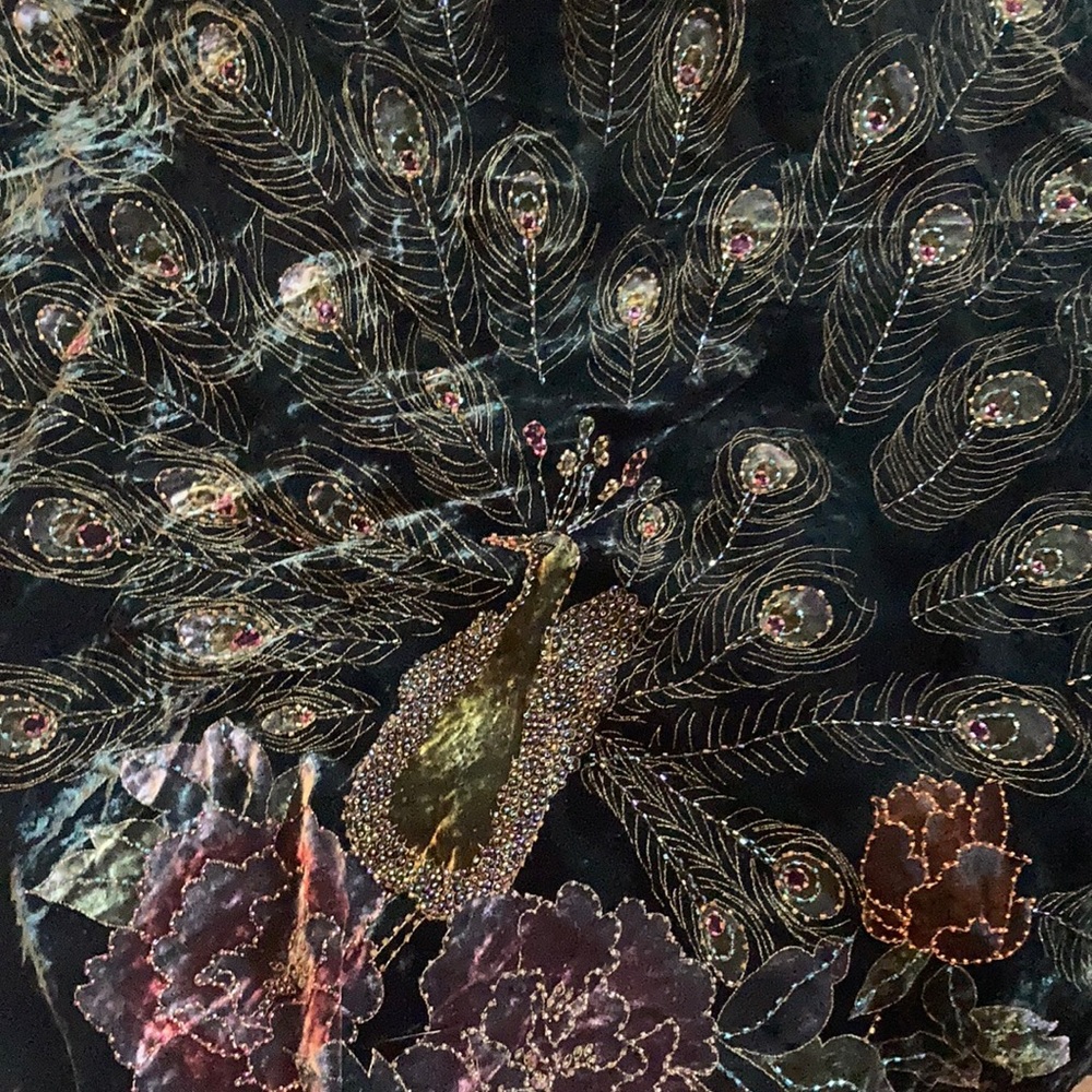 Beaded peacock shawl 42” x 42”.  Black velvet
